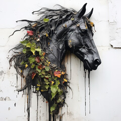 Sculpture and painting street art of side angle a black horse head full of colorful colors and covered with leaves and grass. Wildlife Animals. Illustration, Generative AI.