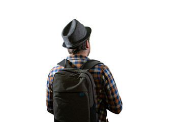 a tourist with a backpack looking,  view from back 
