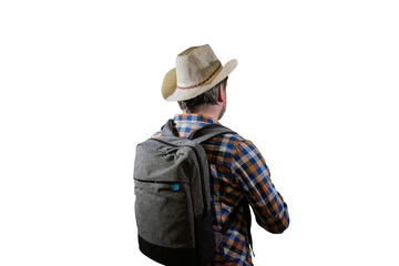 a tourist with a backpack looking,  view from back 