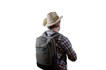 a tourist with a backpack looking,  view from back 