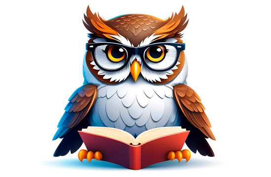Drawing of an owl with glasses and a book on a white background.