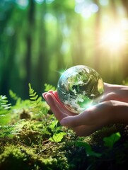 Hands Holding Globe Glass In Green Forest, realistic, HD, copy space - generative ai