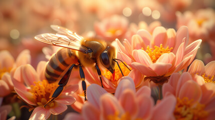 Bee pollinates flowers - obrazy, fototapety, plakaty