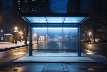 a bus stop with a glass covered shelter