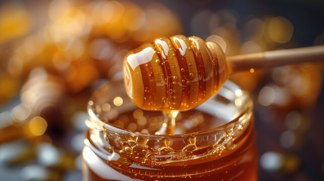 Honey dripping from a honey spoon into a jar.