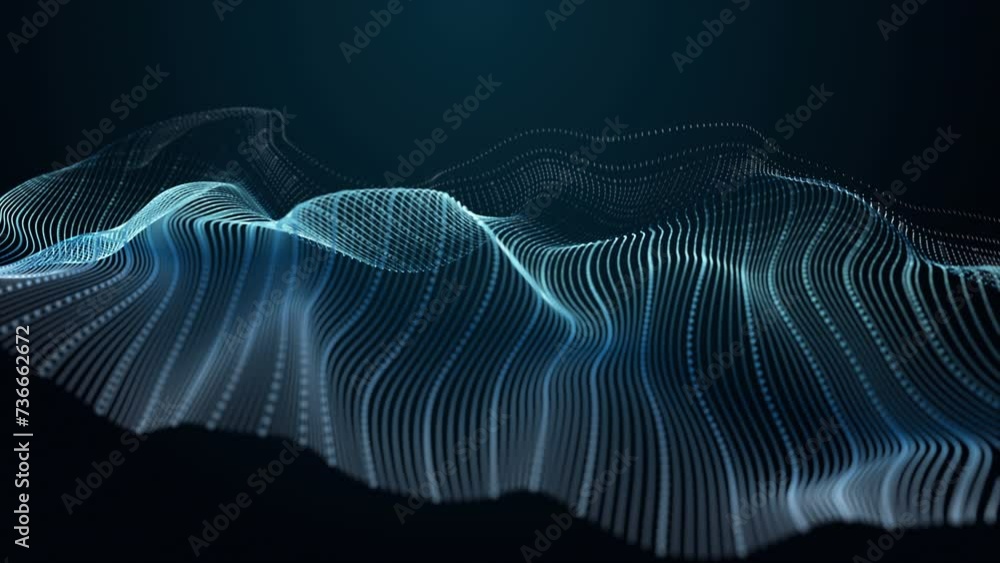 Poster futuristic video animation with particle wave object in slow motion, 4096x2304 loop 4k