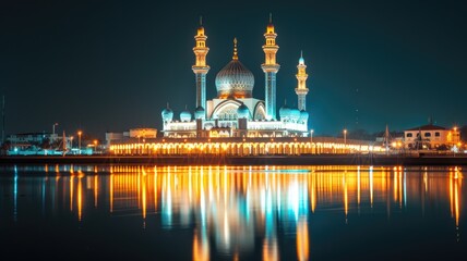 Fototapeta na wymiar mosque beautifully illuminated for Eid al-Fitr prayers and celebrations, creating a captivating night scene