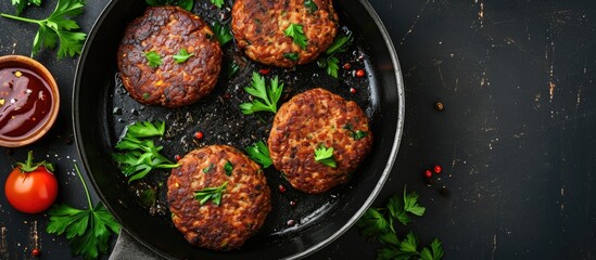 Frying pan with vegan burger patties.