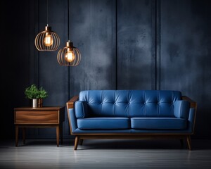 a blue couch and a table in a dark room