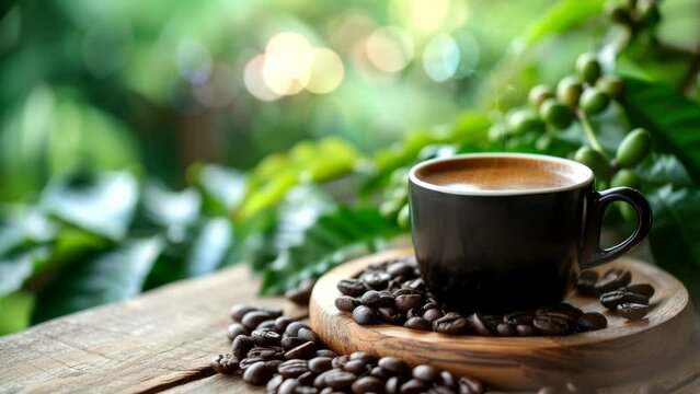 a cup coffee with coffee bean on wooden table with coffee plant background, video looping background for display product for industry factory 