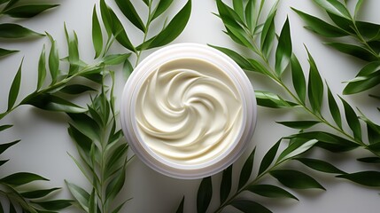 a white container with swirls of cream on top of it surrounded by green leaves - obrazy, fototapety, plakaty