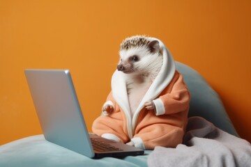 Fototapeta premium relaxed hedgehog holds a laptop in his hands
