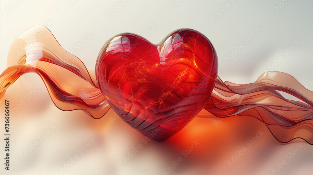 Poster red heart on a light abstract background with a wave