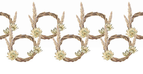 Seamless boho rim with watercolor wreath of willow branches and dry flower with spikelets on white background. Hand-drawn border for celebration Easter. Decor for dreamcatcher. Wallpaper wrapping © NatashaKun