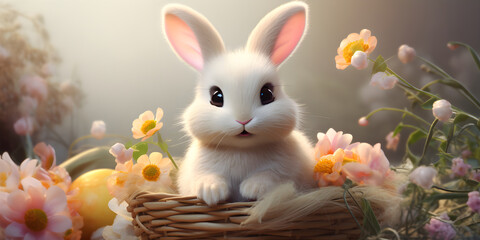 Happy bunny surrounded by flowers , Easter holiday