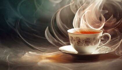 Horizontal background with a cup of tea on the right and nice curls of steam coming from it - obrazy, fototapety, plakaty