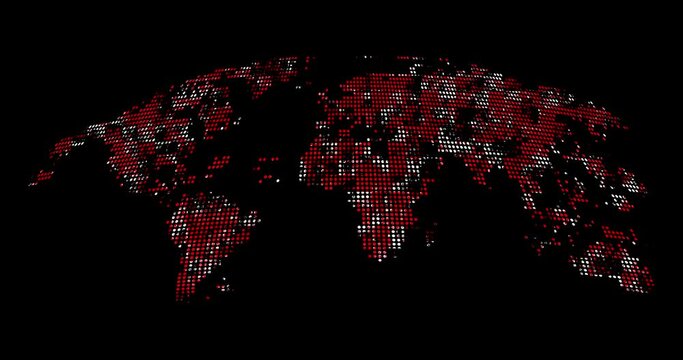 Digital world dotted world map over dark background. Globe world map seamless loop animation. Digital big data or cloud computing concept. Global social network or internet and technology.