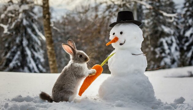 Illustration of a rabbit eating the carrot from melting snowman