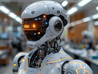 Cutting-edge robotics lab, engineers developing and testing robots, focus on innovation and futuristic technology