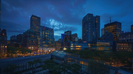 Dynamic cityscape at twilight, architecture highlighting the blend of historic and modern design