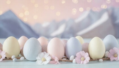 Light pastel Easter background with Easter eggs and flowers in pink and light blue colors