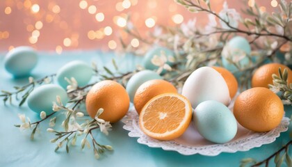 Norwegian easter background with Easter eggs, oranges, pastry, and spring flowers, contrast pastel colors