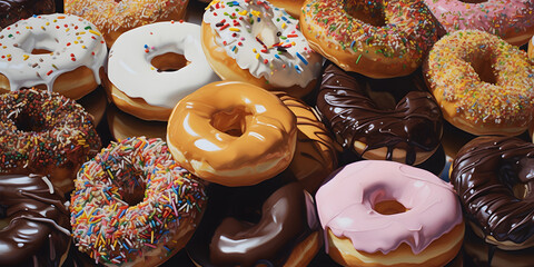 Banner colorful sweet donuts, glazed donuts