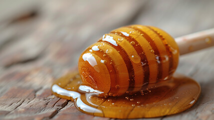 Close-up shot of a spoon with honey on a wooden surface.