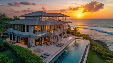 Fototapeta premium Beachfront luxury villa during sunset, representing the ultimate in travel aspirations and tranquil oceanfront living