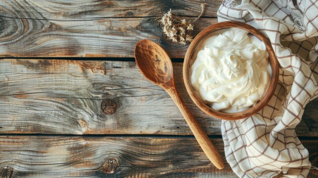 Selective focus highlights a wooden bowl containing Greek yogurt placed on a rustic wooden table
