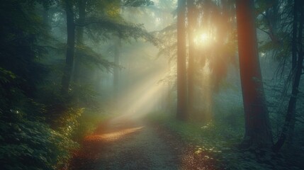 Ethereal dawn light permeates a mist-laden forest path, creating an atmosphere ripe for mystery and discovery