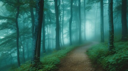 Dawn's misty forest trail, where ethereal light dances through the canopy, beckoning the curious to explore
