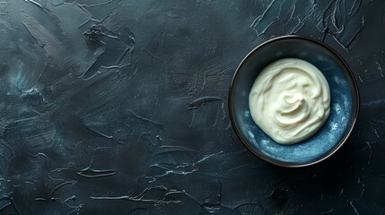 A top-down view showcases Greek yogurt contained within a blue bowl set atop a black table
