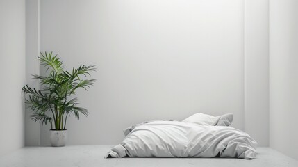 A mock-up of a home interior wall, featuring an unmade bed and a plant, all within a white bedroom setting