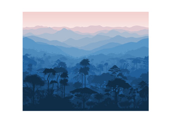 Vector morning seamless tropical rainforest Jungle background - obrazy, fototapety, plakaty