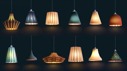 A set of realistic, transparent house lighting lamps, with isolated designer lampshades of various colors and accompanying light spots in a vector illustration