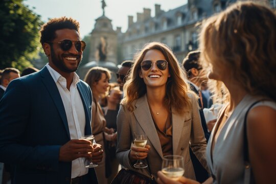 A Group Of People Outside Holding Drinks