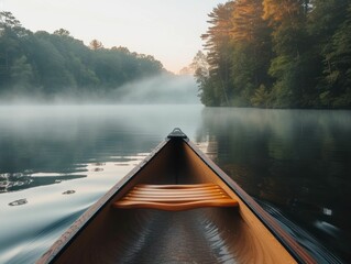 Dawn's misty canoe trip on a lake, showcasing the serenity, adventurous spirit, and intimate bond...