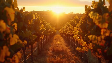 Sun-kissed vineyard at golden hour, rows of grapevines lead to picturesque sunset, symbolizing...