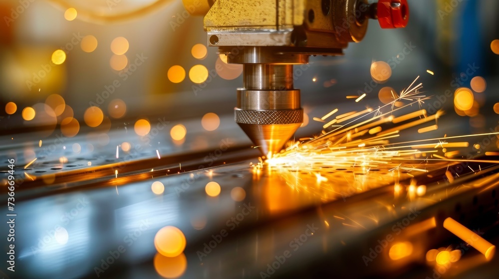 Poster cnc tool head close up laser cutting or metal cutting machine with copy space for text placement