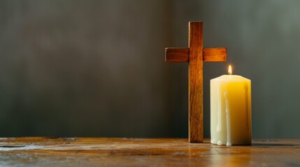 Christian cross and candles on wooden floor in room with pastel background, copy space for text - Powered by Adobe