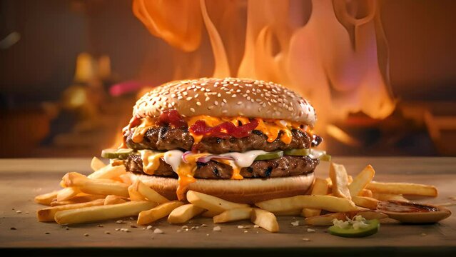 Delicious hamburger and crispy French fries placed on table in front of warm fire. Perfect for food lovers and cozy dining scenes