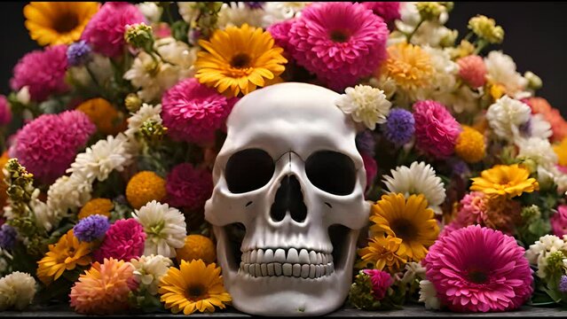 Skull sitting in front of bunch of flowers. Perfect for Halloween themes or dark and edgy designs