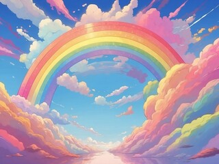 Fototapeta na wymiar Anime-style illustration of a beautiful rainbow in the blue sky.