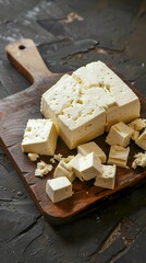 Fototapeta premium Cut paneer cheese with a firm, white texture ready to be used in traditional dishes. Paneer cheese with a creamy and smooth flavor. Traditional cheese from India.