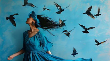 woman wearing blue dress with birds 