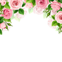 Background frame with pink rose flowers. Vector roses card design