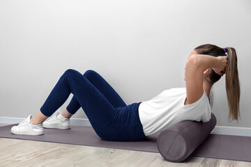 woman doing various sports moves - exercises for healthy life, pelvic floor exercise. Home sport...
