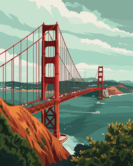 San Francisco's Golden Gate Bridge, illustrated in warm sunset tones against a serene sky, Poster Cover Design