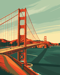 San Francisco's Golden Gate Bridge, illustrated in warm sunset tones against a serene sky, Poster Cover Design